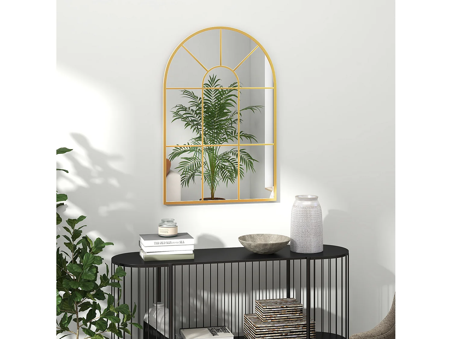 Specchio da parete ad arco stile moderno in vetro e metallo oro