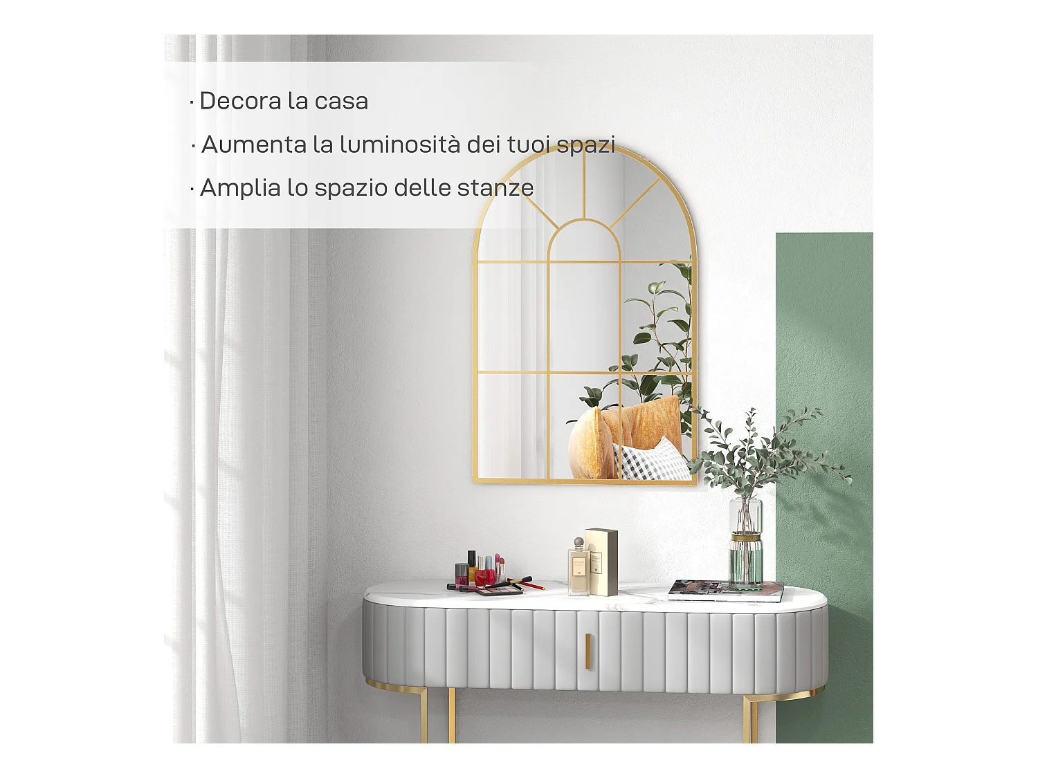 Specchio da parete ad arco stile moderno in vetro e metallo oro