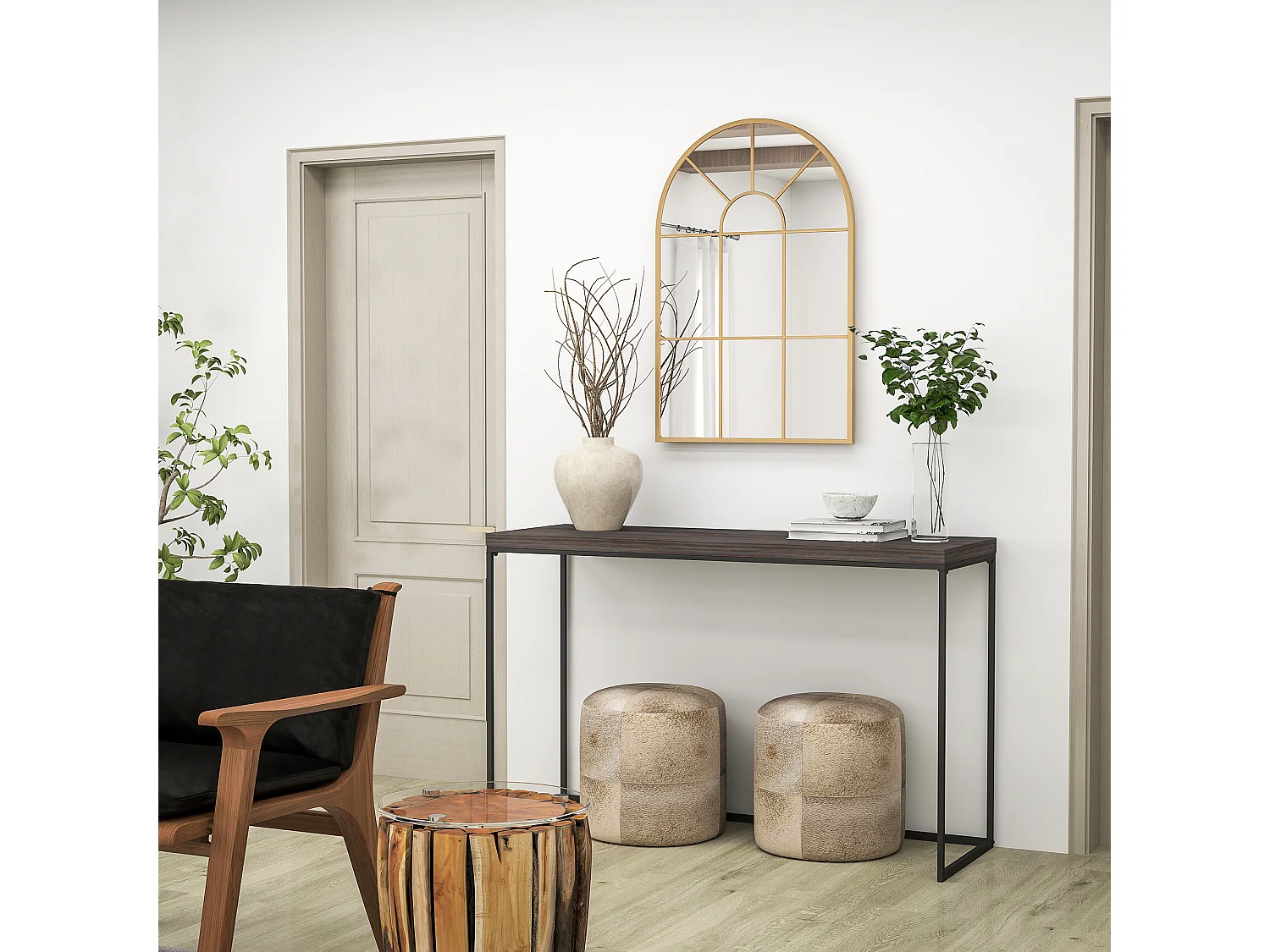 Specchio da parete ad arco stile moderno in vetro e metallo oro