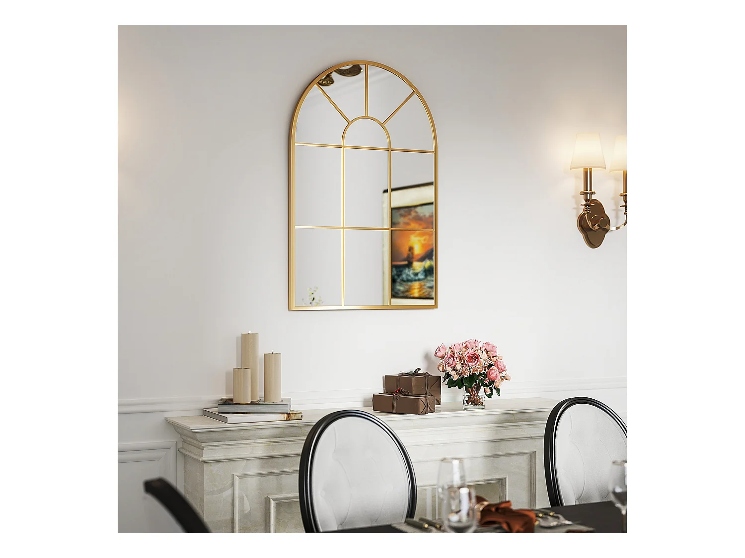 Specchio da parete ad arco stile moderno in vetro e metallo oro