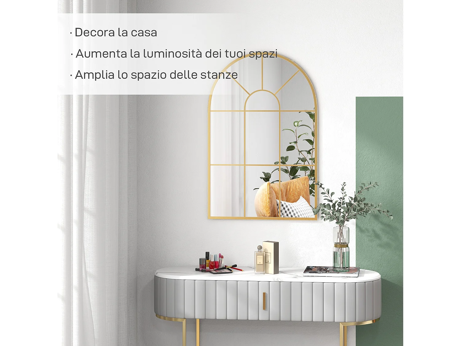 Specchio da parete ad arco stile moderno in vetro e metallo oro