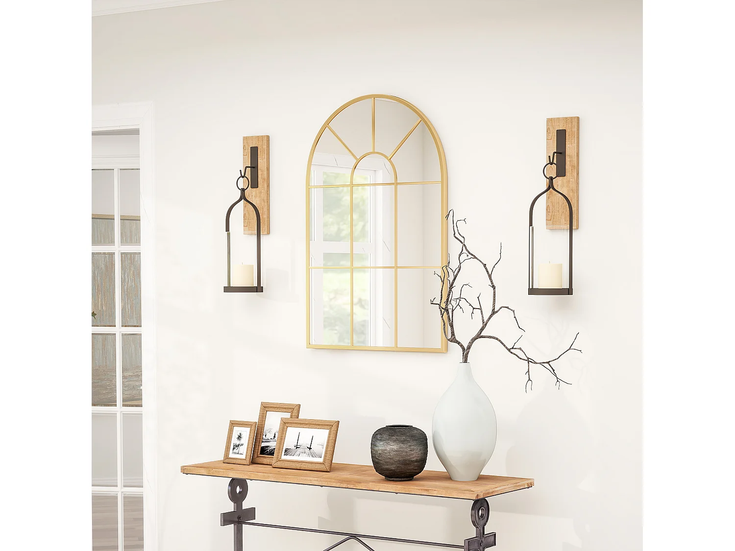 Specchio da parete ad arco stile moderno in vetro e metallo oro