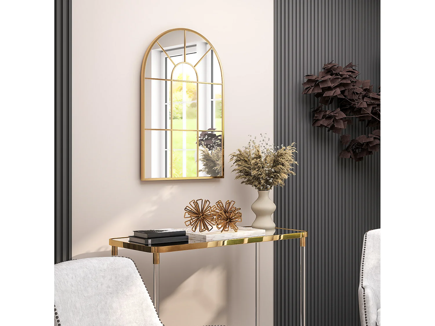 Specchio da parete ad arco stile moderno in vetro e metallo oro