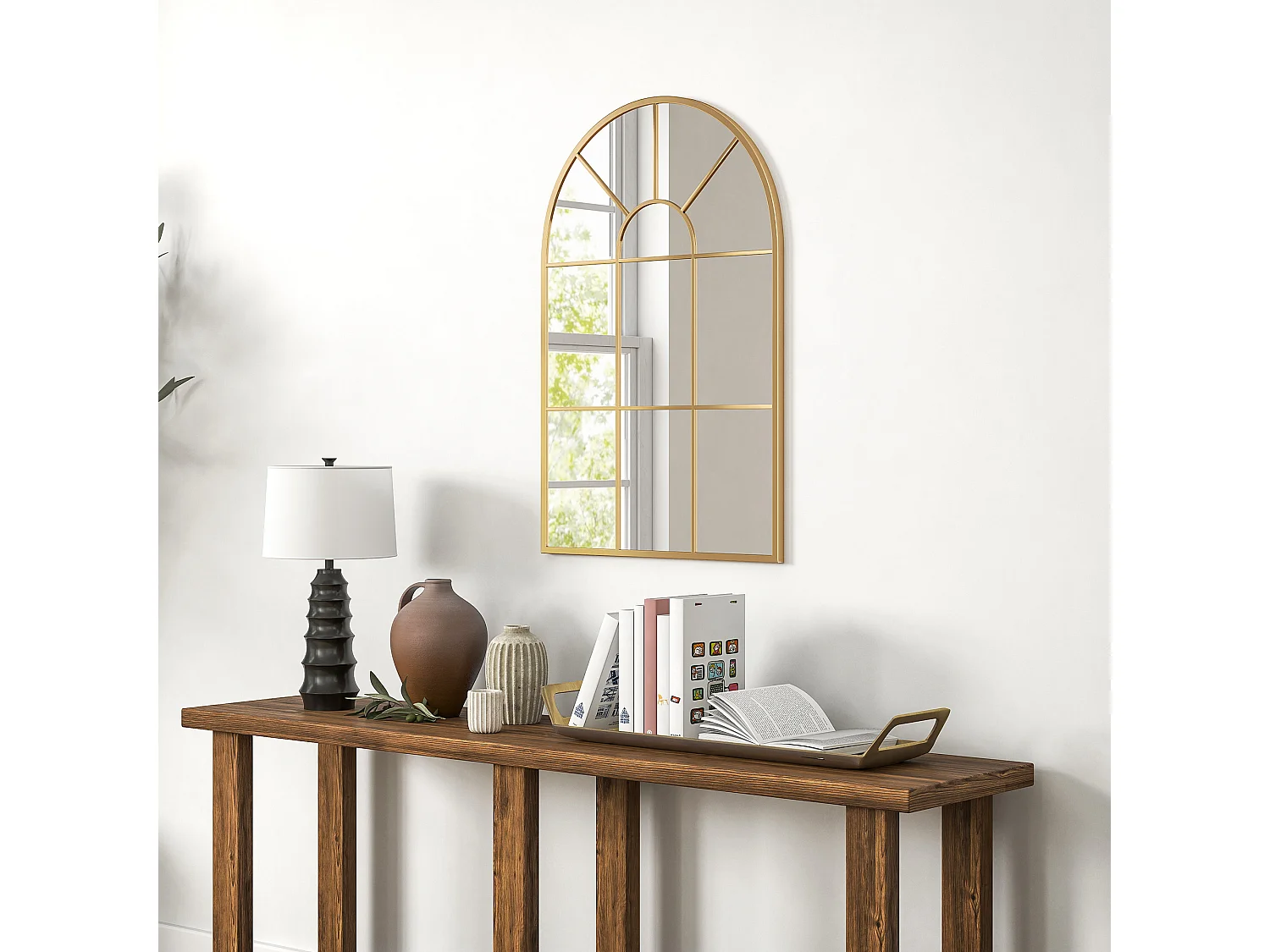 Specchio da parete ad arco stile moderno in vetro e metallo oro