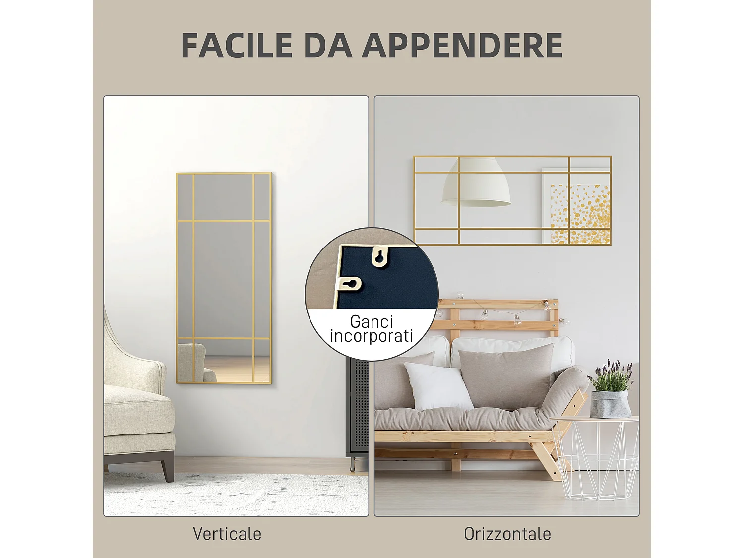 Specchio da parete stile finestra verticale orizzontale 110x50cm oro