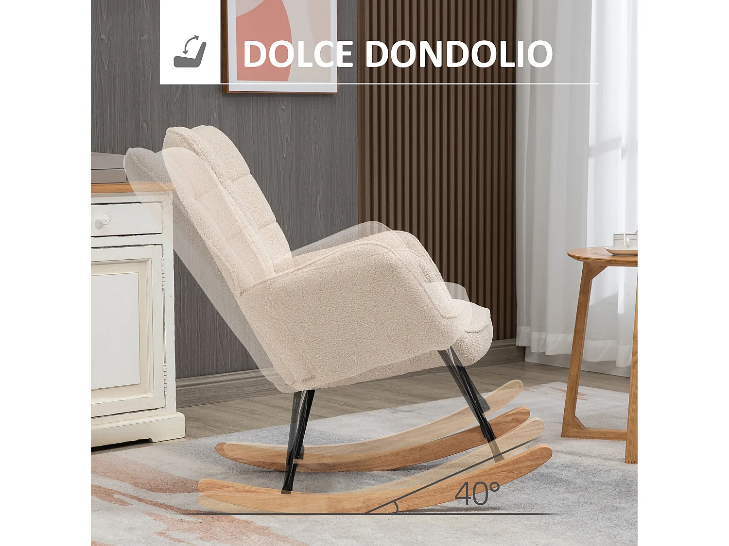 Poltrona a dondolo imbottita in legno di faggio e acciaio beige