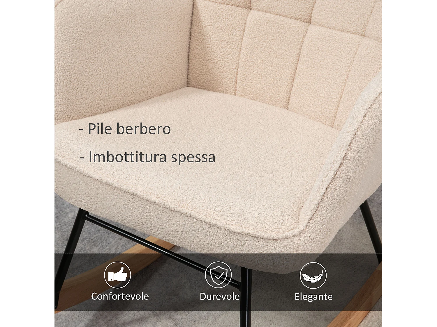 Poltrona a dondolo imbottita in legno di faggio e acciaio beige