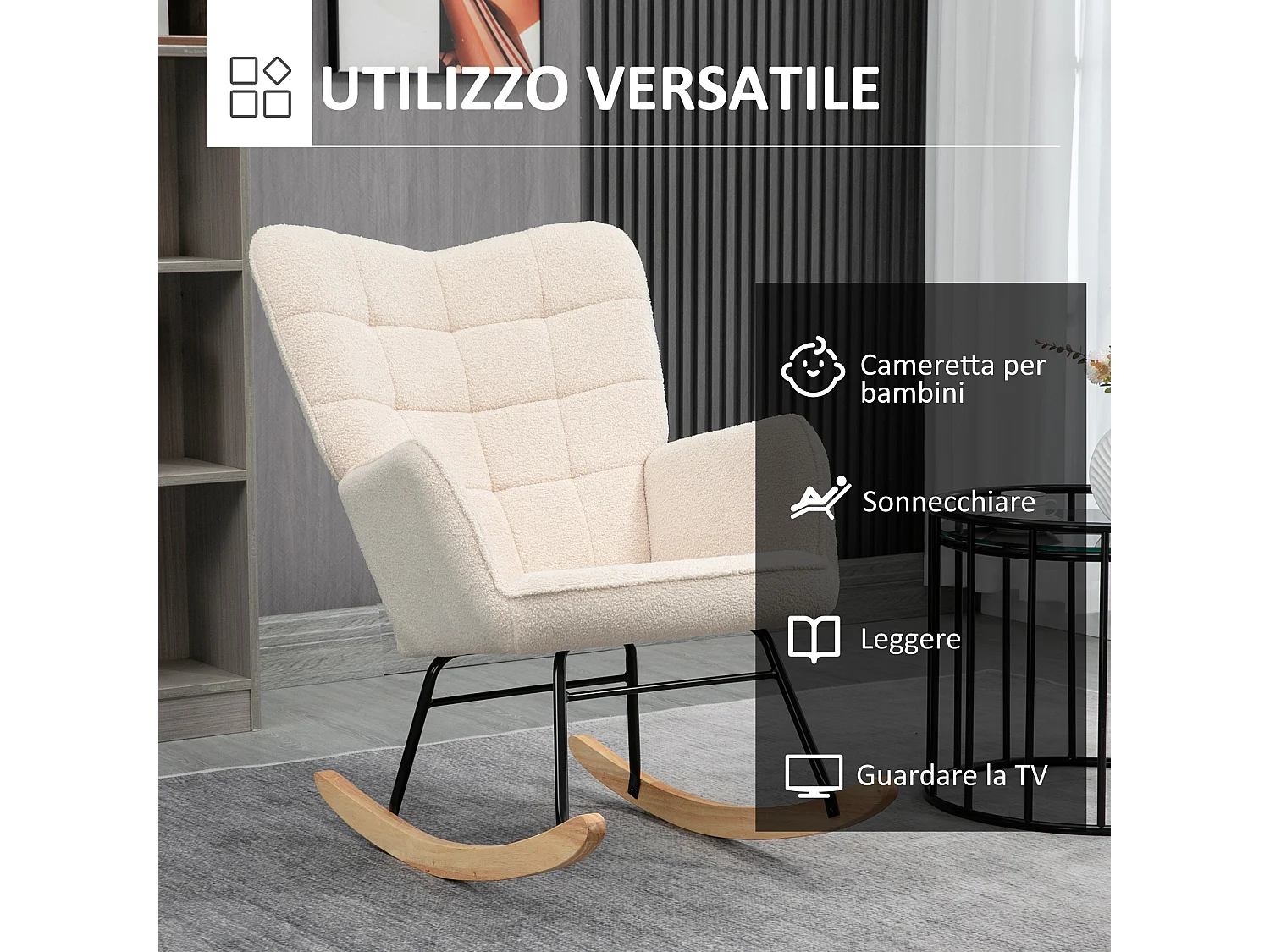 Poltrona a dondolo imbottita in legno di faggio e acciaio beige