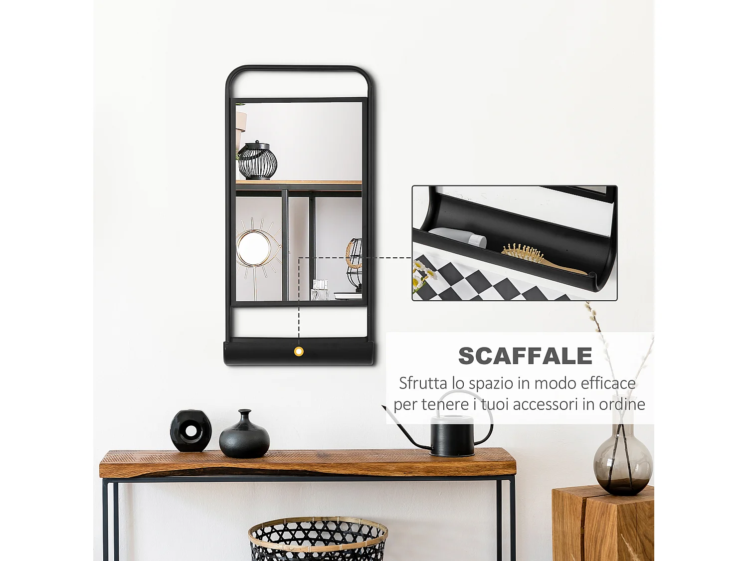 Specchio moderno in metallo con mensola 36.2x12x71.7cm nero