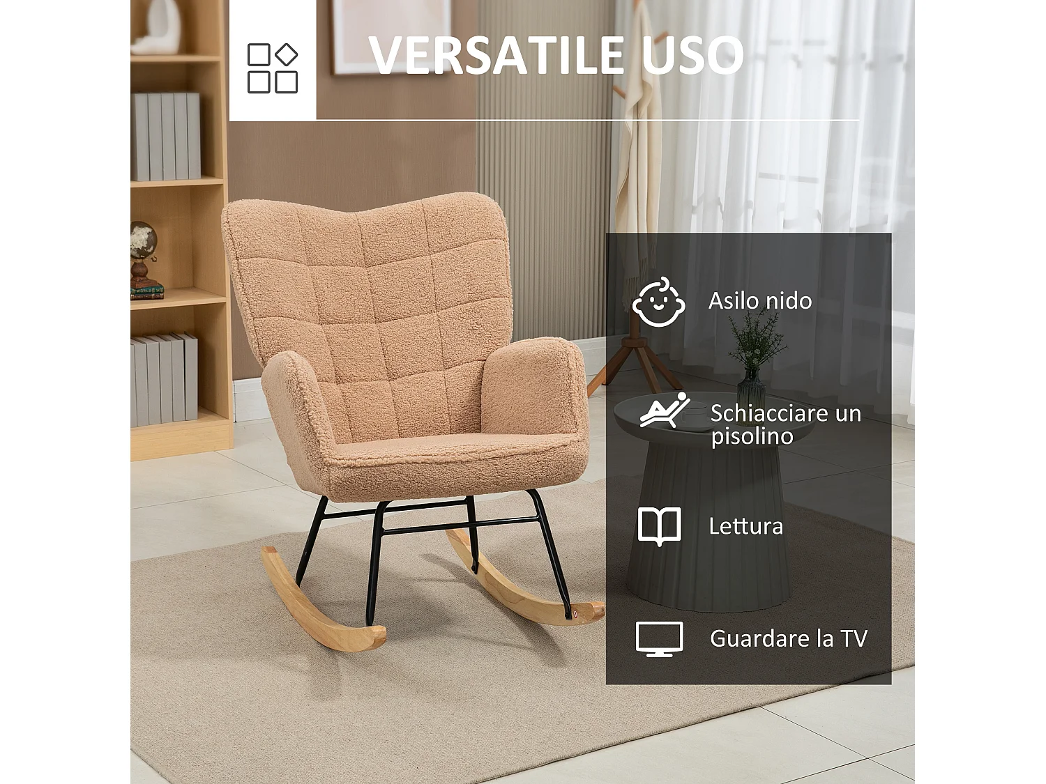 Poltrona a dondolo imbottita bouclé in legno e acciaio marrone