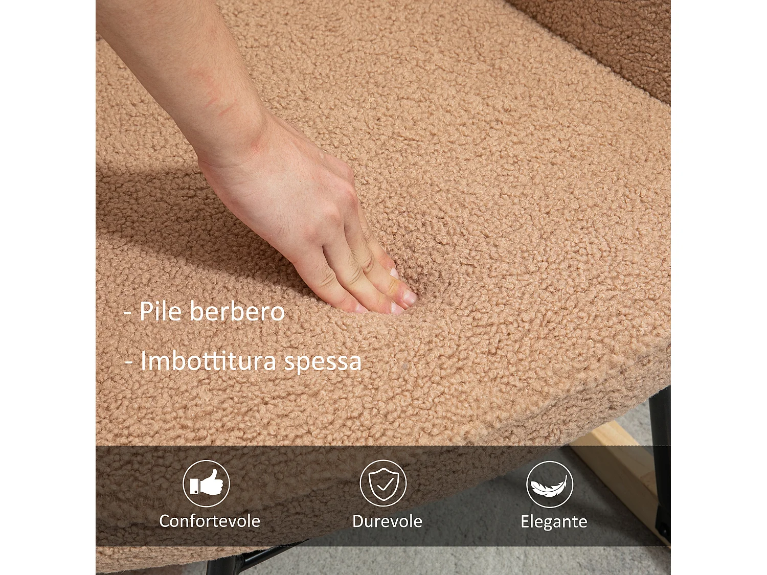 Poltrona a dondolo imbottita bouclé in legno e acciaio marrone