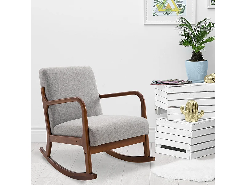 Poltrona a dondolo imbottita stile vintage in legno e tessuto grigio