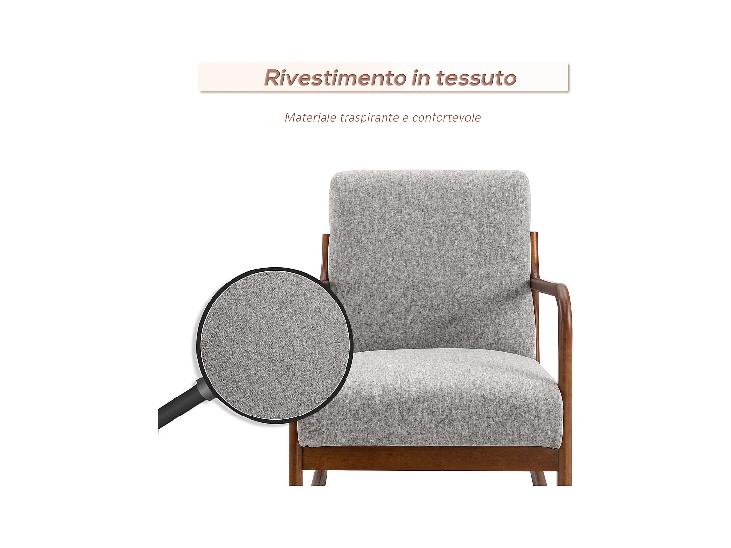 Poltrona a dondolo imbottita stile vintage in legno e tessuto grigio