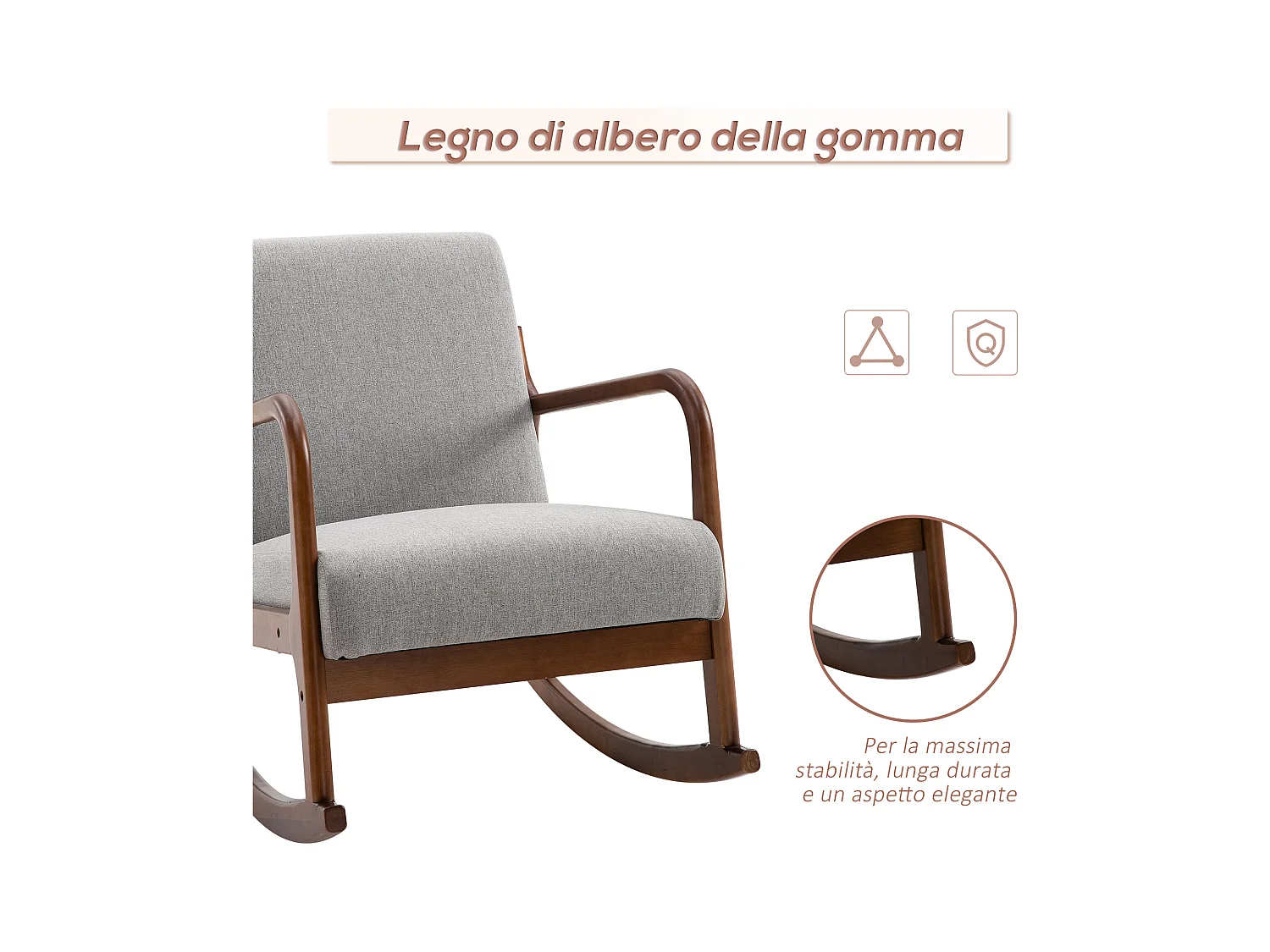 Poltrona a dondolo imbottita stile vintage in legno e tessuto grigio