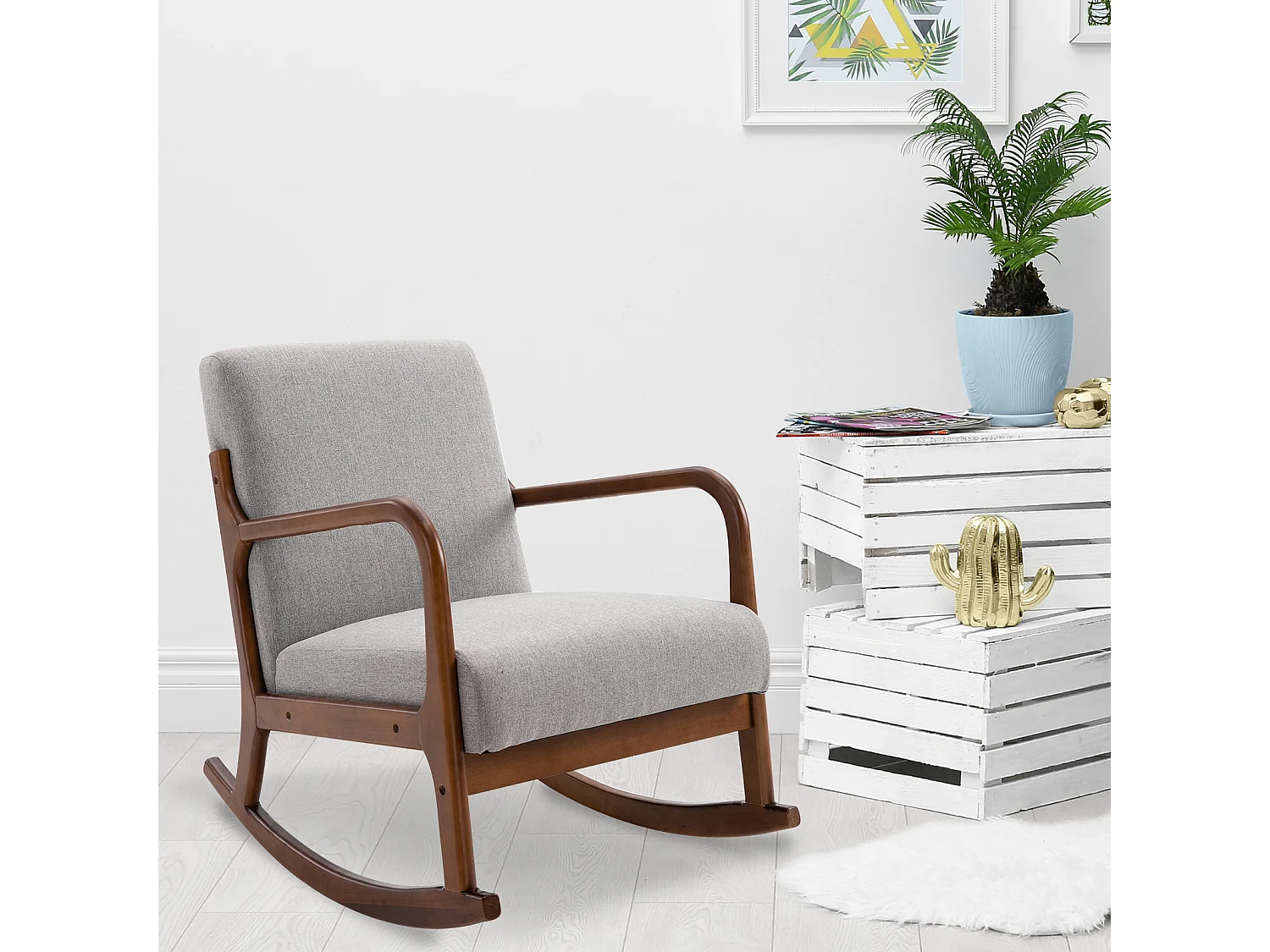 Poltrona a dondolo imbottita stile vintage in legno e tessuto grigio