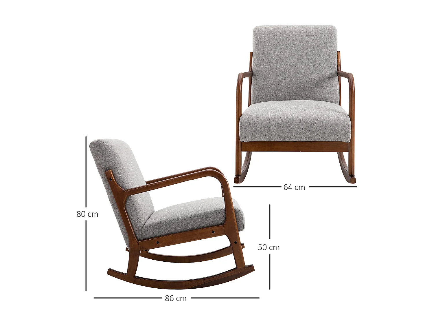 Poltrona a dondolo imbottita stile vintage in legno e tessuto grigio