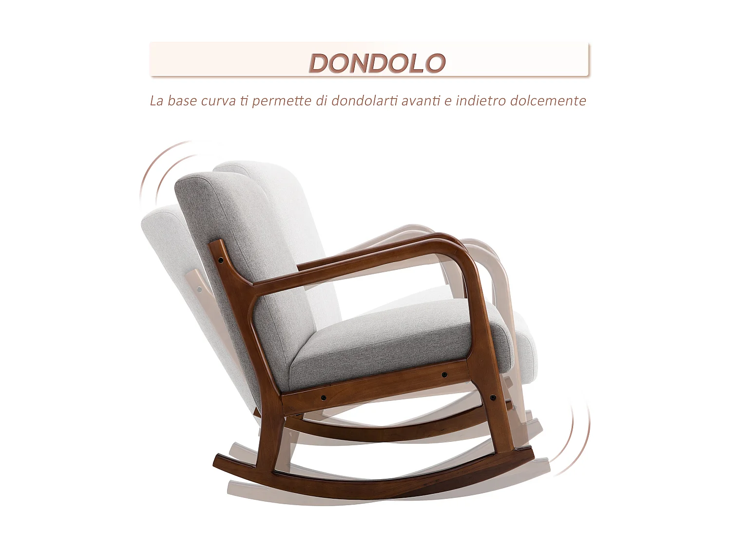 Poltrona a dondolo imbottita stile vintage in legno e tessuto grigio