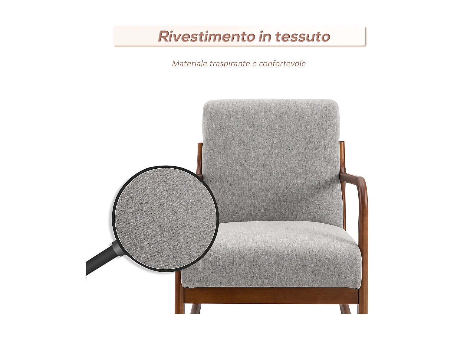 Poltrona a dondolo imbottita stile vintage in legno e tessuto grigio