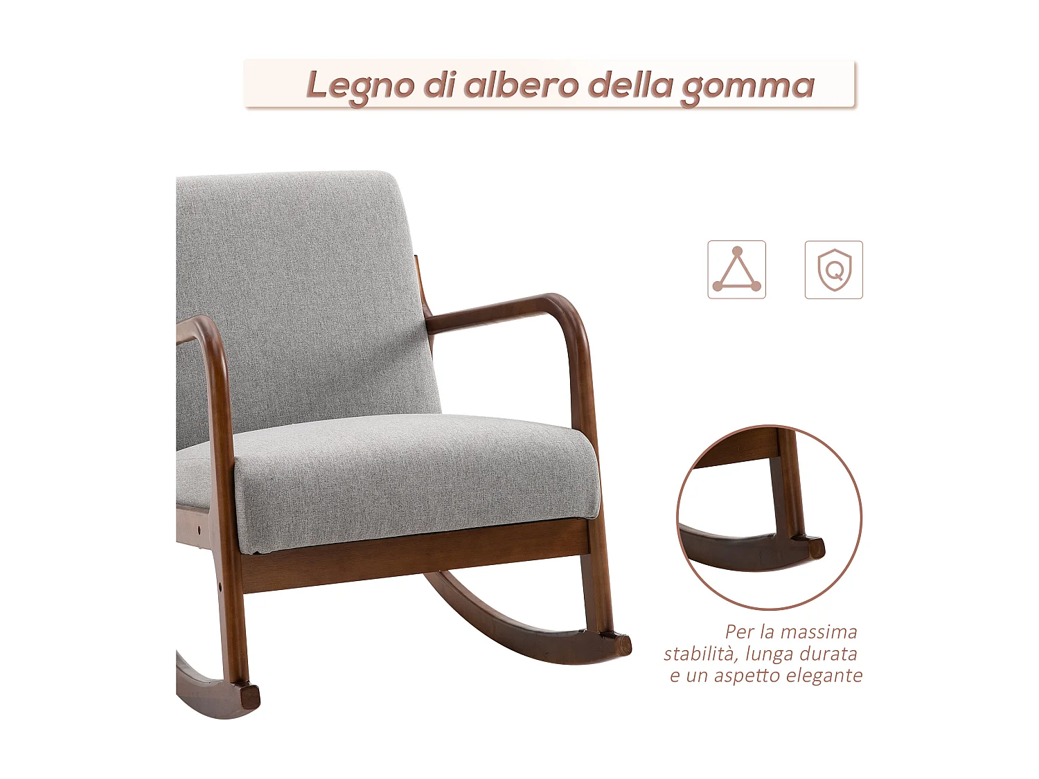 Poltrona a dondolo imbottita stile vintage in legno e tessuto grigio