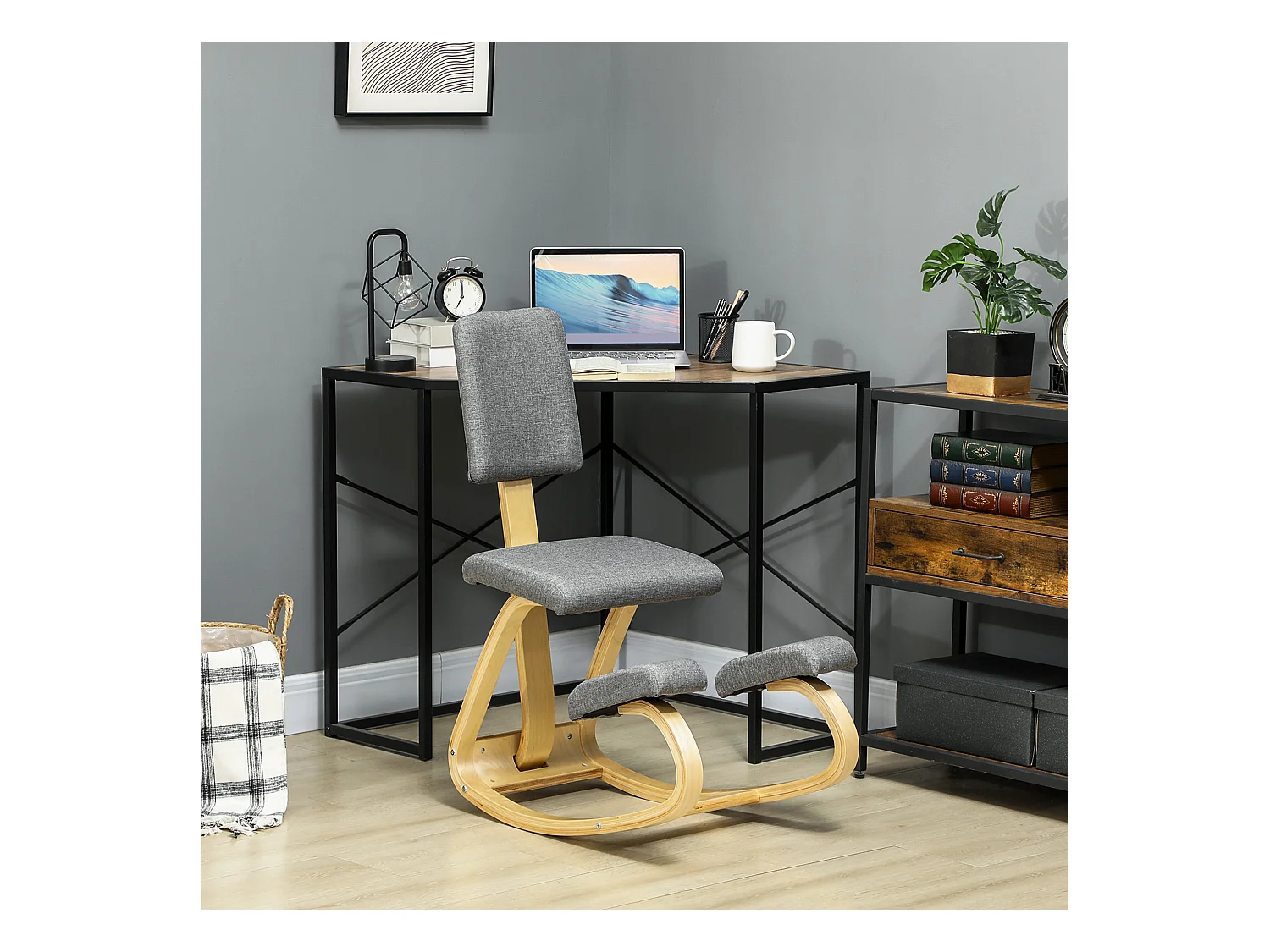 Sedia inginocchiatoio dondolante in tessuto effetto lino legno grigio