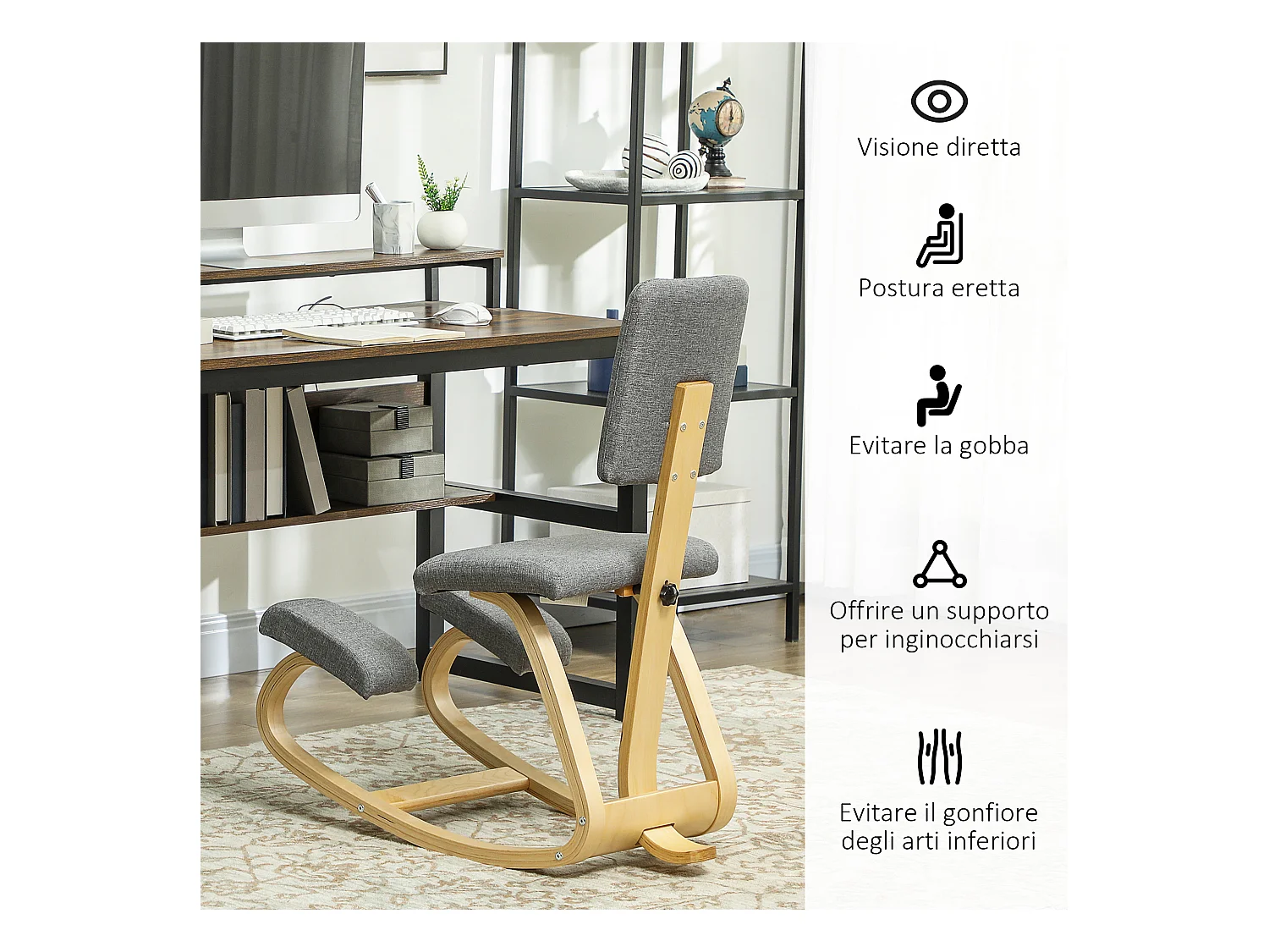 Sedia inginocchiatoio dondolante in tessuto effetto lino legno grigio