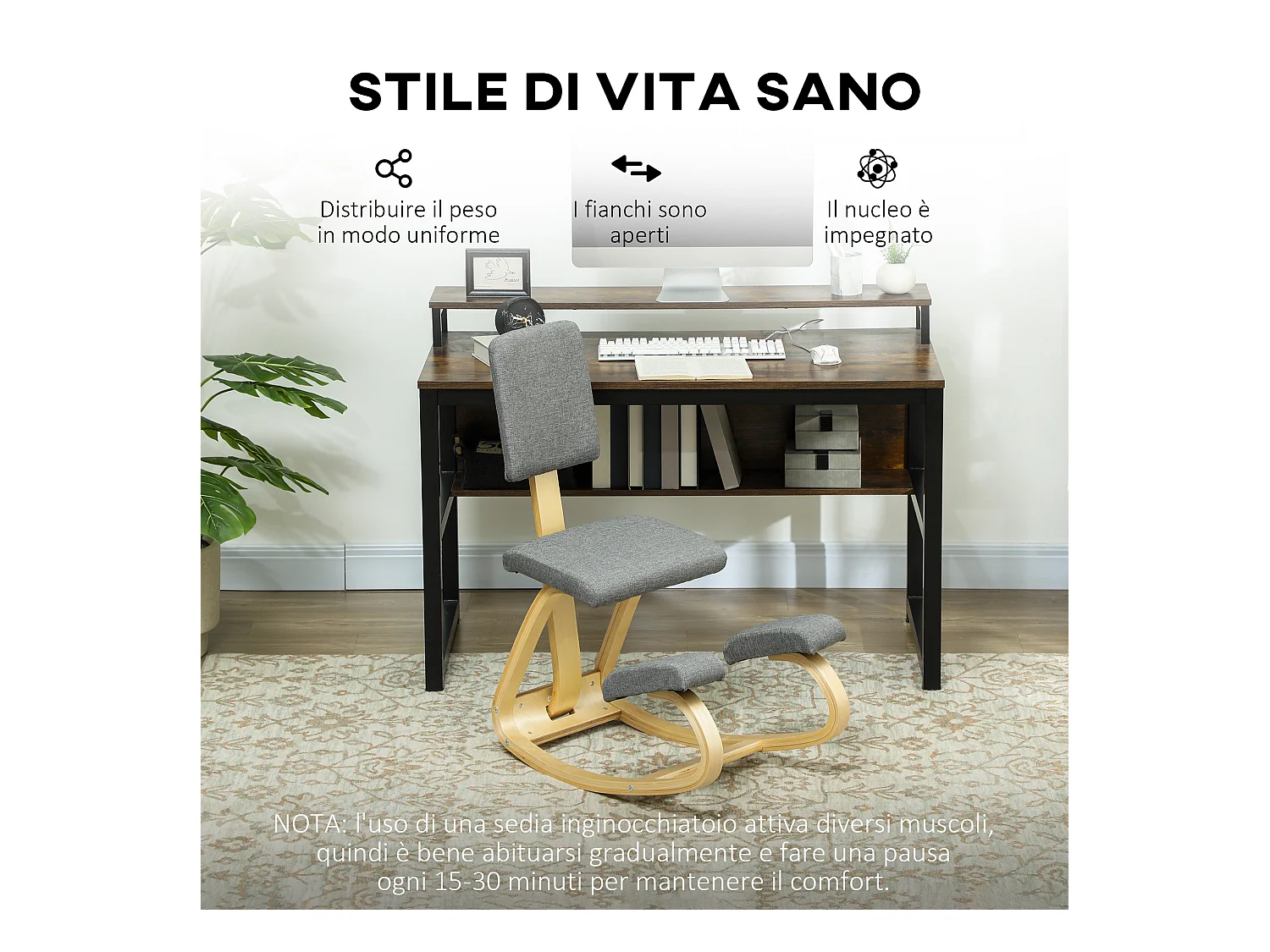 Sedia inginocchiatoio dondolante in tessuto effetto lino legno grigio