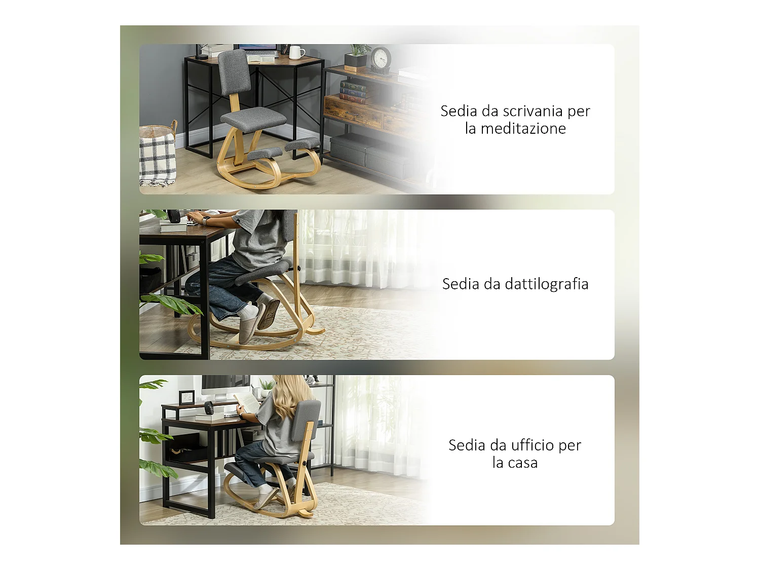 Sedia inginocchiatoio dondolante in tessuto effetto lino legno grigio