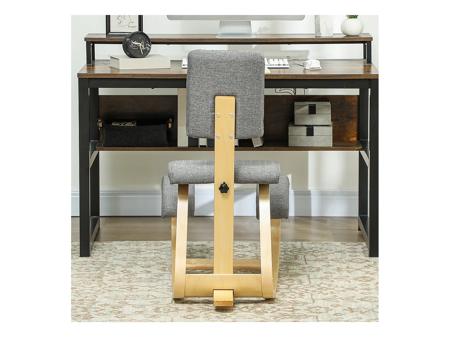 Sedia inginocchiatoio dondolante in tessuto effetto lino legno grigio