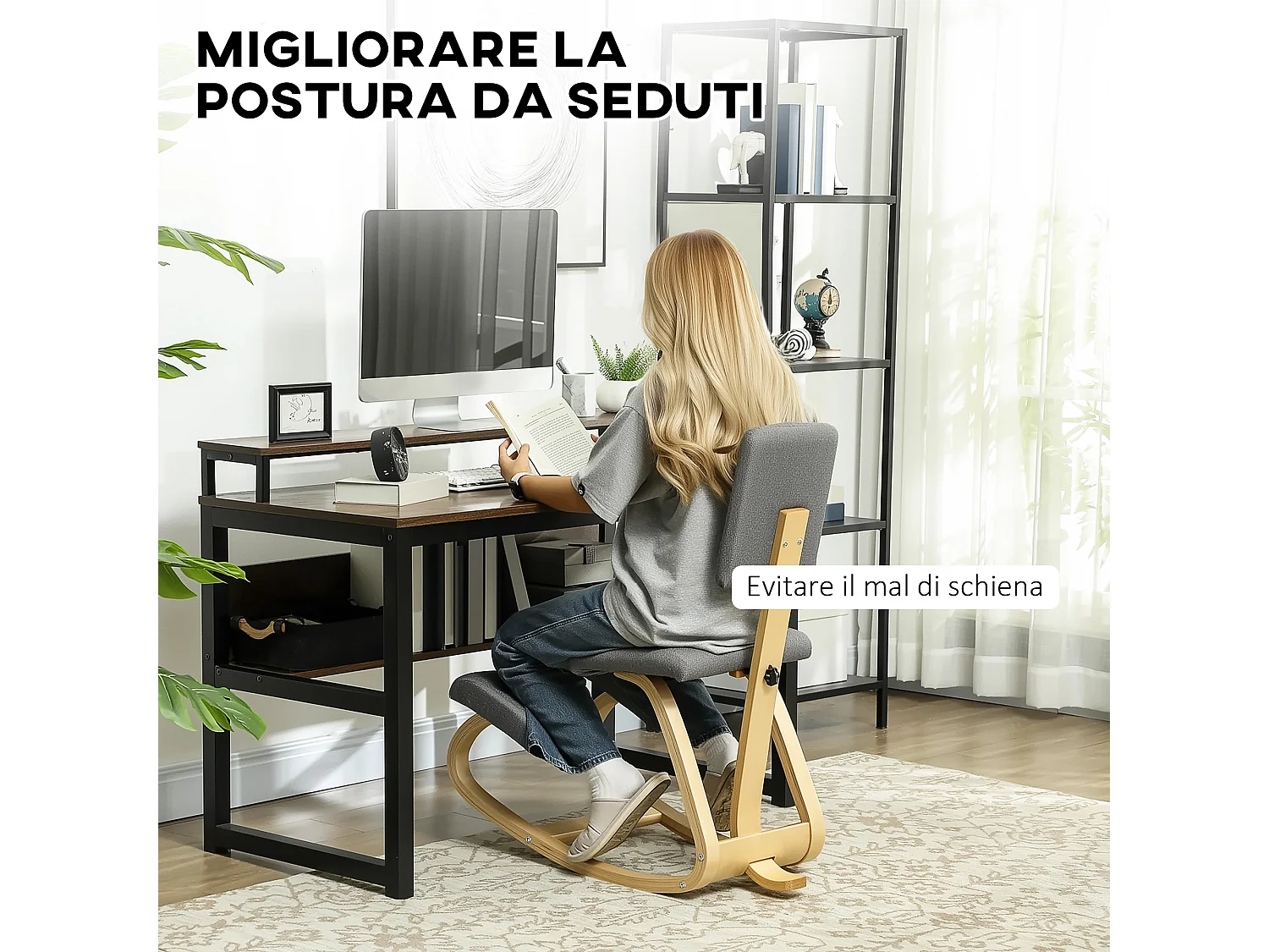 Sedia inginocchiatoio dondolante in tessuto effetto lino legno grigio