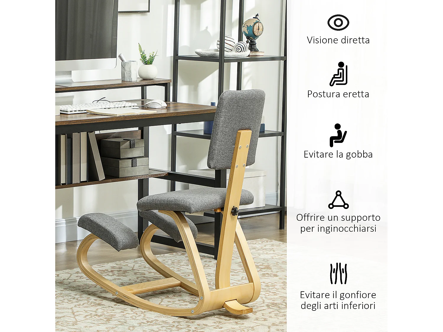 Sedia inginocchiatoio dondolante in tessuto effetto lino legno grigio