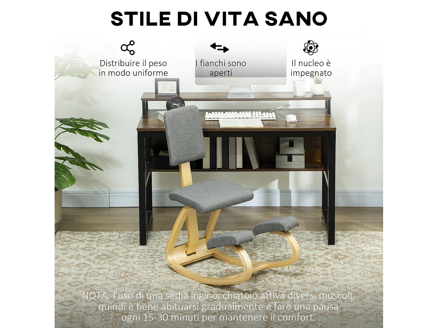 Sedia inginocchiatoio dondolante in tessuto effetto lino legno grigio