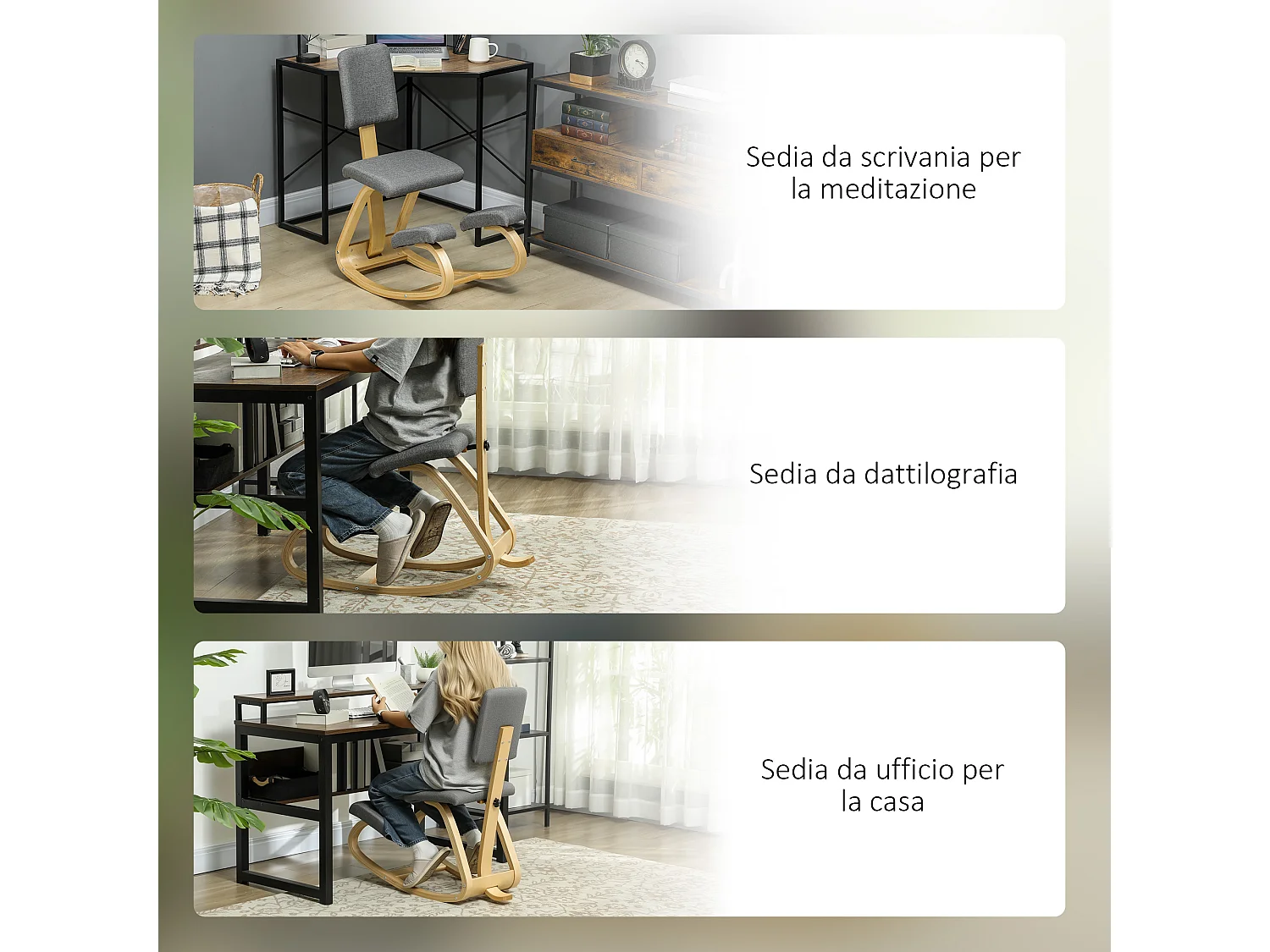 Sedia inginocchiatoio dondolante in tessuto effetto lino legno grigio