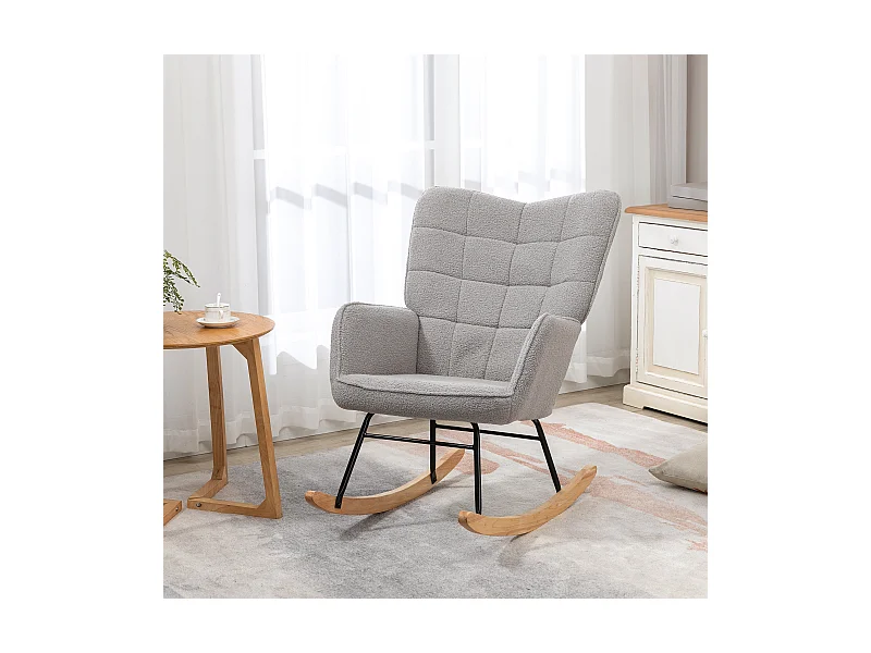 Poltrona a dondolo imbottita bouclé in legno e acciaio grigio