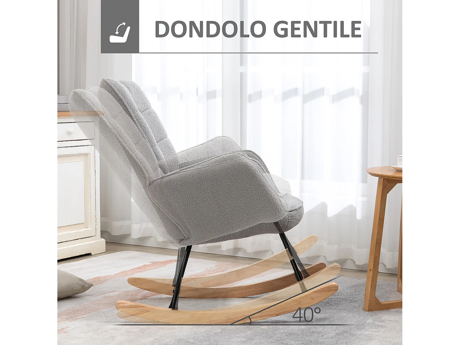 Poltrona a dondolo imbottita bouclé in legno e acciaio grigio