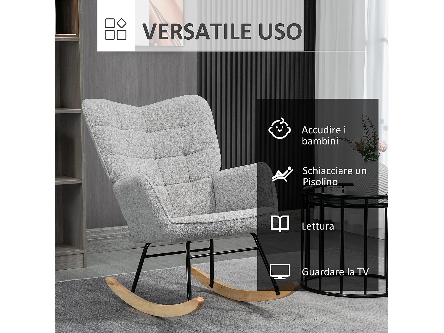 Poltrona a dondolo imbottita bouclé in legno e acciaio grigio