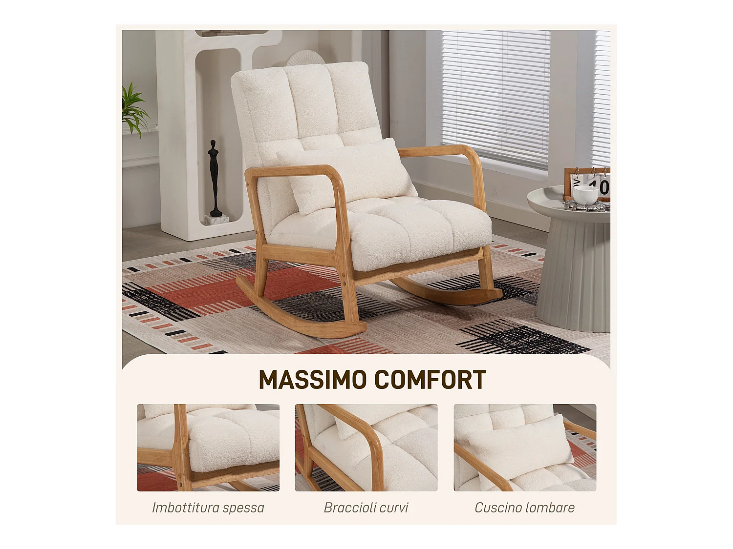 Poltrona a dondolo con cuscino lombare in tessuto sherpa bianco
