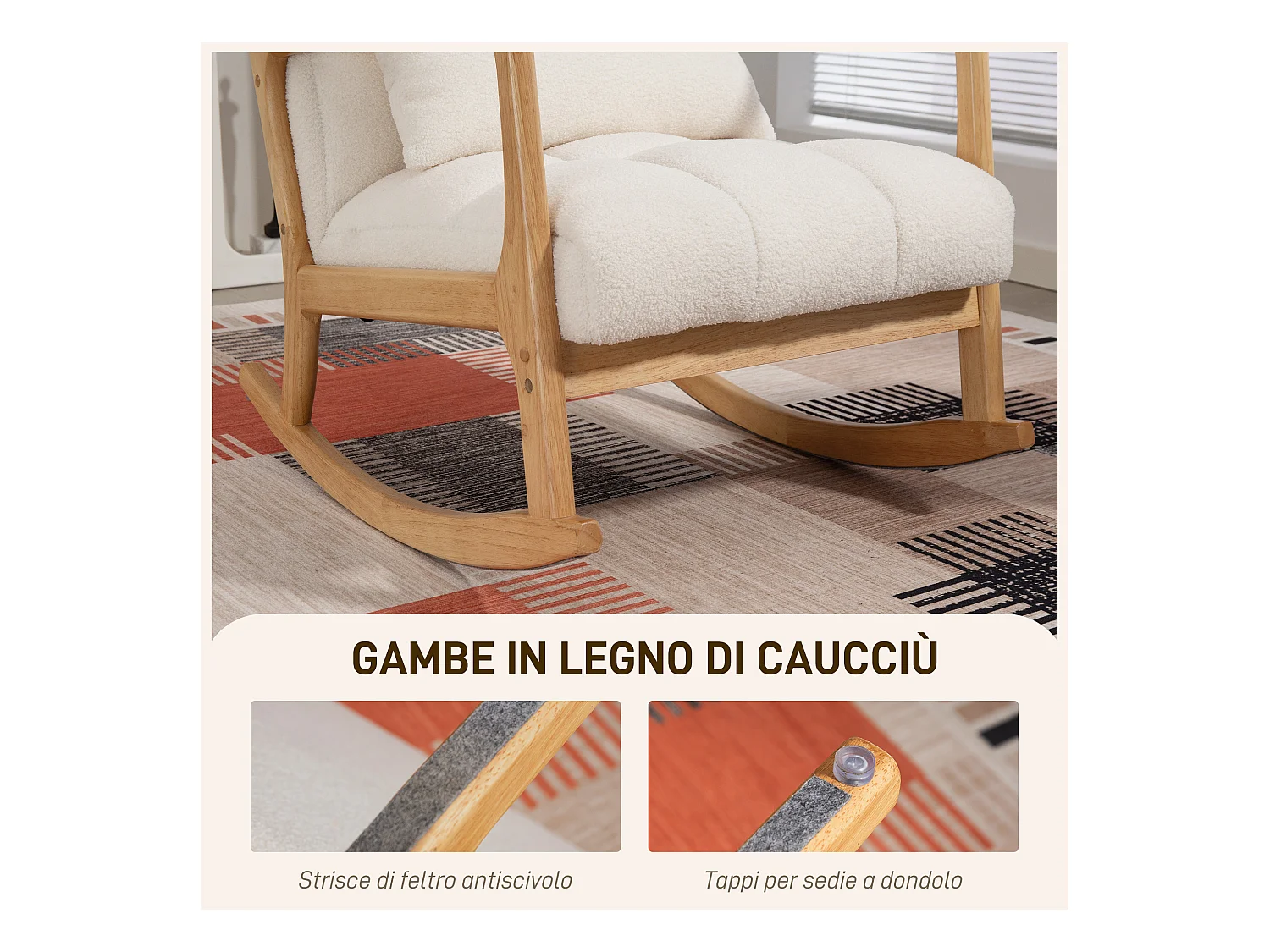 Poltrona a dondolo con cuscino lombare in tessuto sherpa bianco