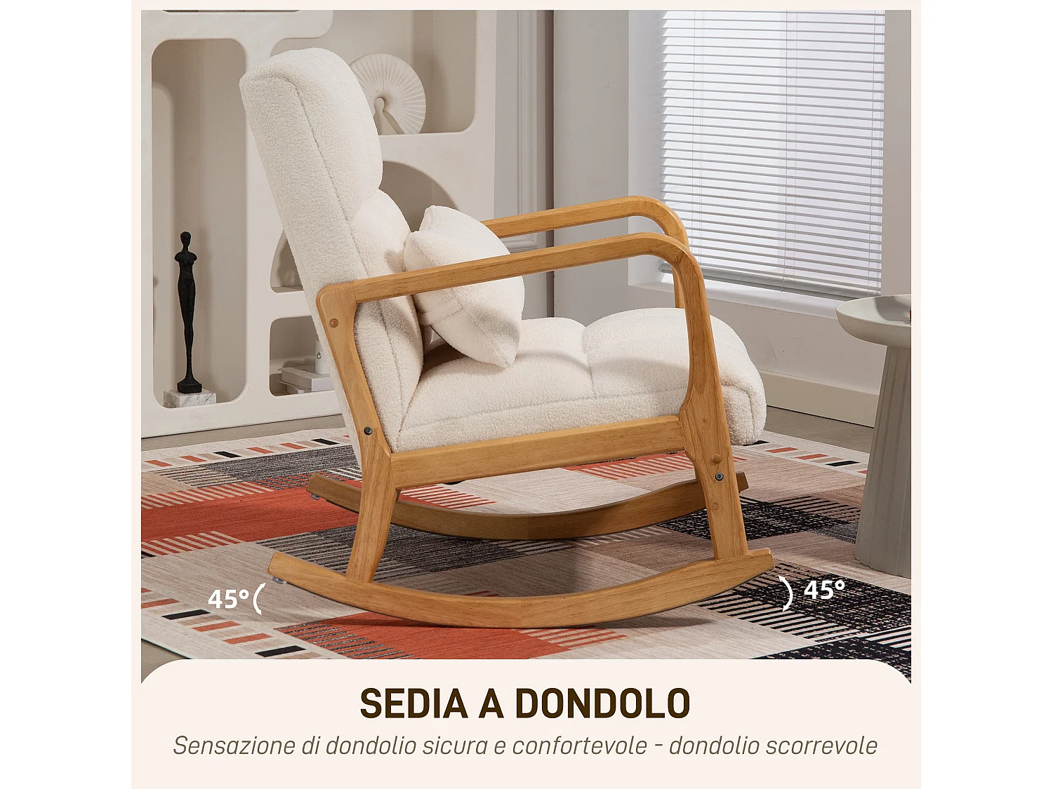 Poltrona a dondolo con cuscino lombare in tessuto sherpa bianco