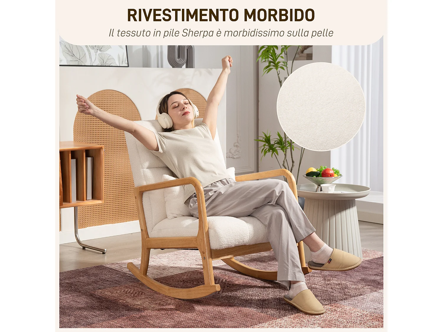 Poltrona a dondolo con cuscino lombare in tessuto sherpa bianco