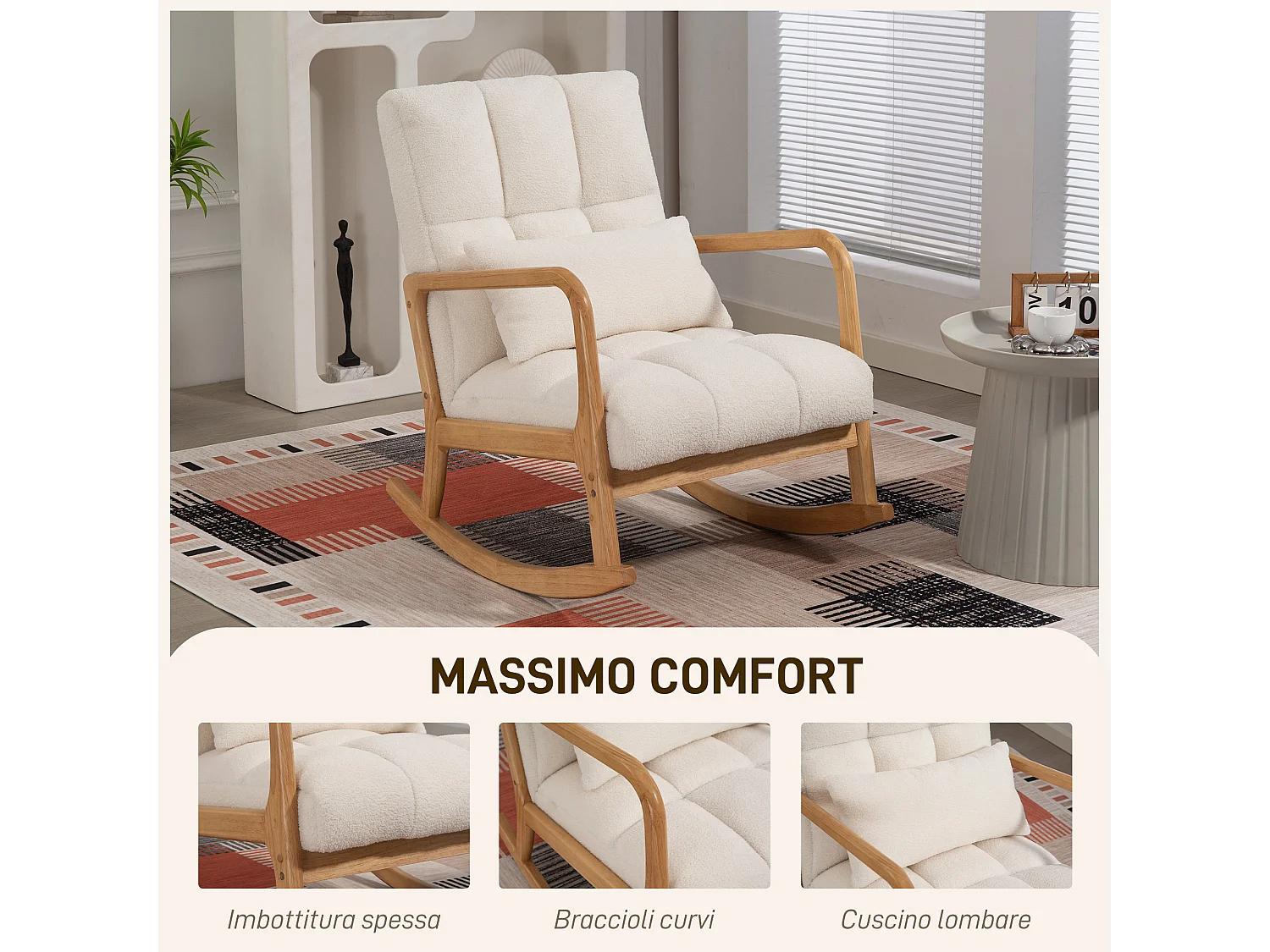 Poltrona a dondolo con cuscino lombare in tessuto sherpa bianco