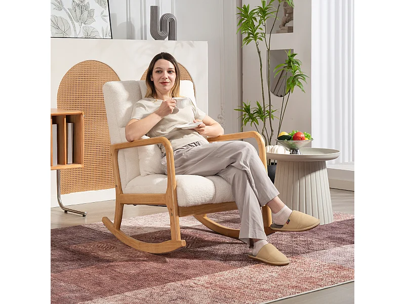 Poltrona a dondolo con cuscino lombare in tessuto sherpa bianco