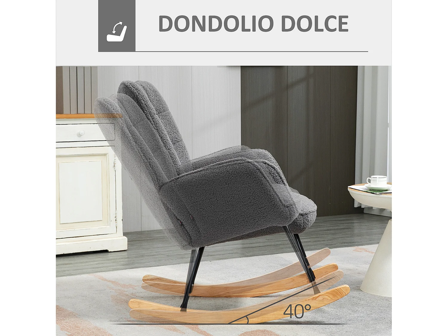 Poltrona a dondolo imbottita in legno e acciaio grigio scuro