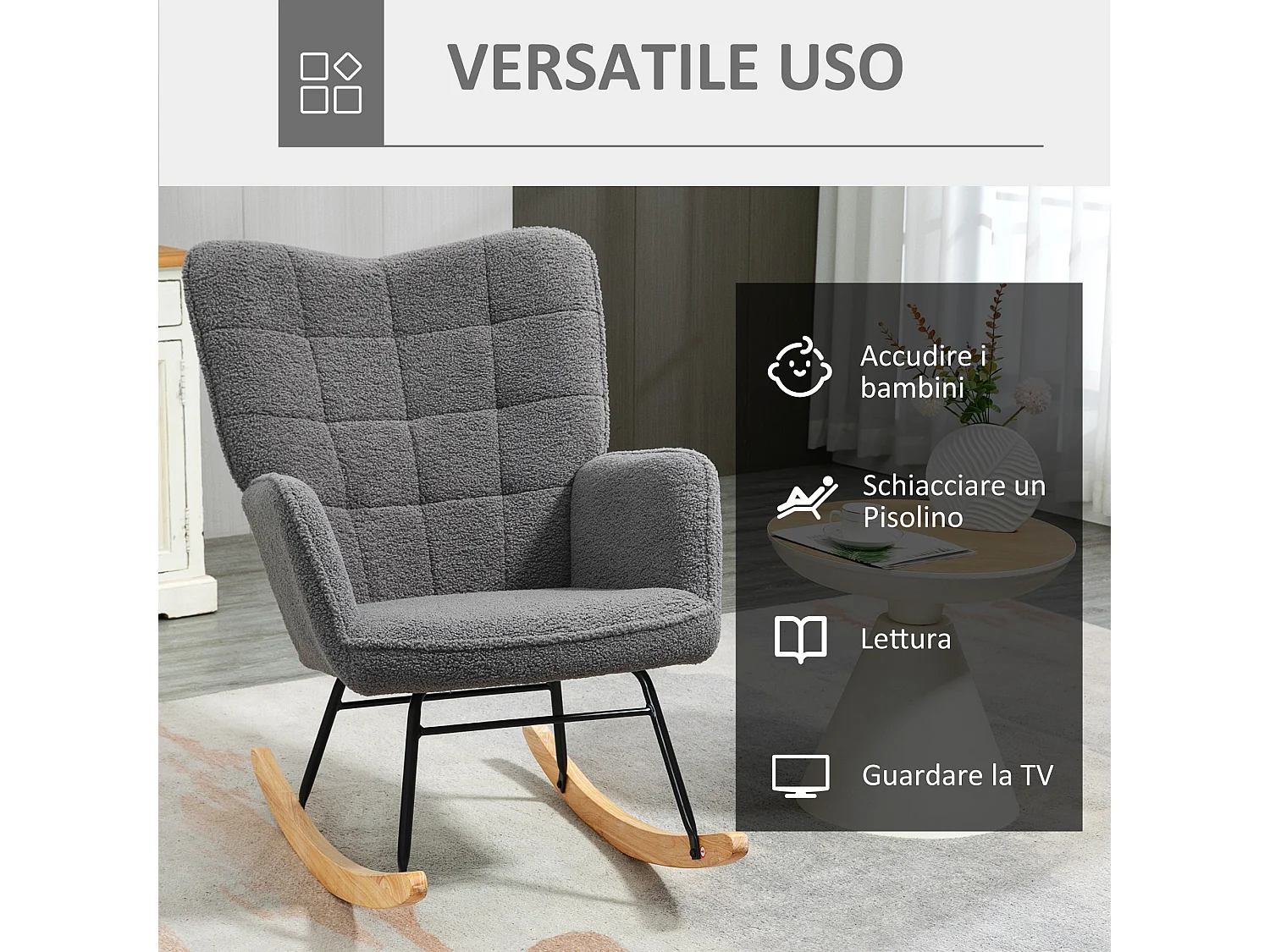Poltrona a dondolo imbottita in legno e acciaio grigio scuro