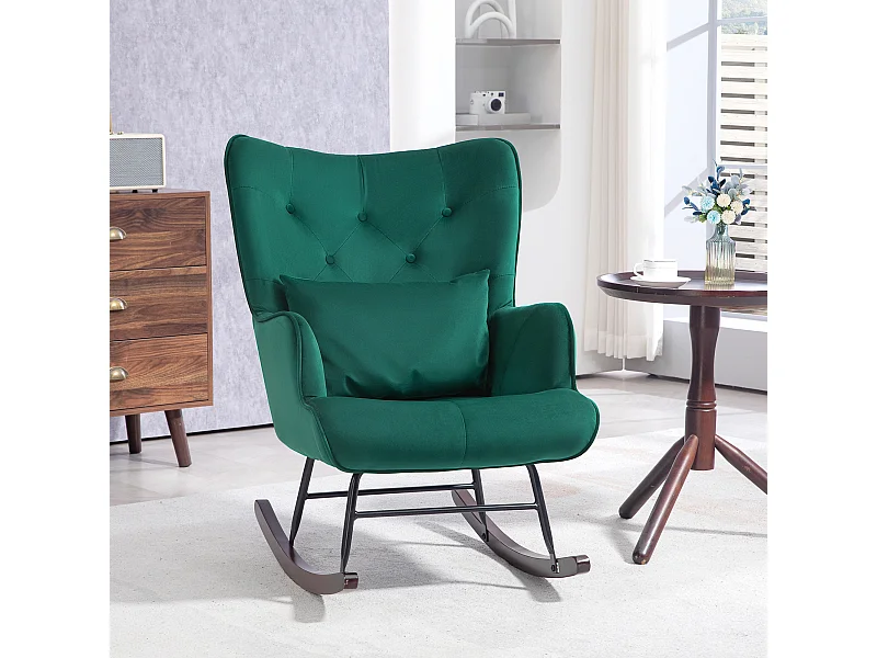 Poltrona a dondolo con schienale alto e cuscino in velluto verde