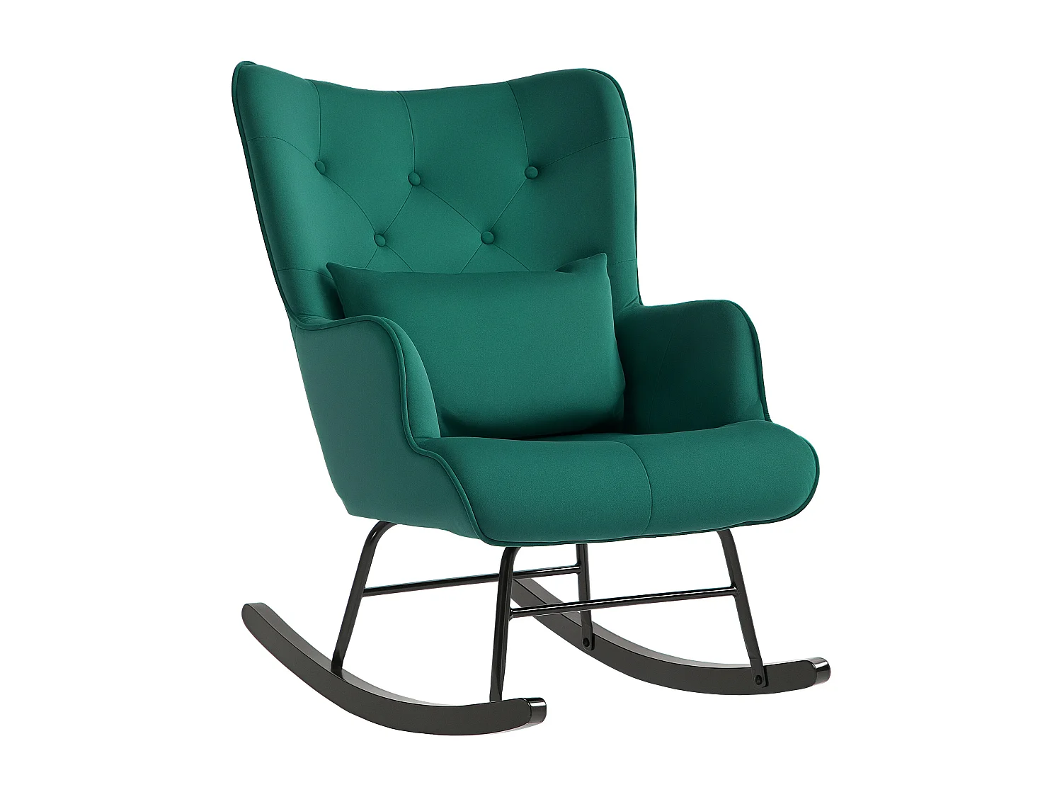 Poltrona a dondolo con schienale alto e cuscino in velluto verde