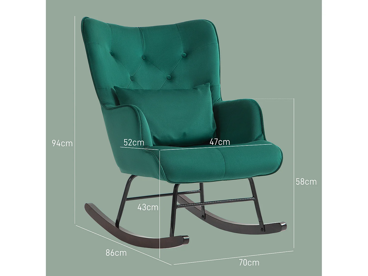 Poltrona a dondolo con schienale alto e cuscino in velluto verde