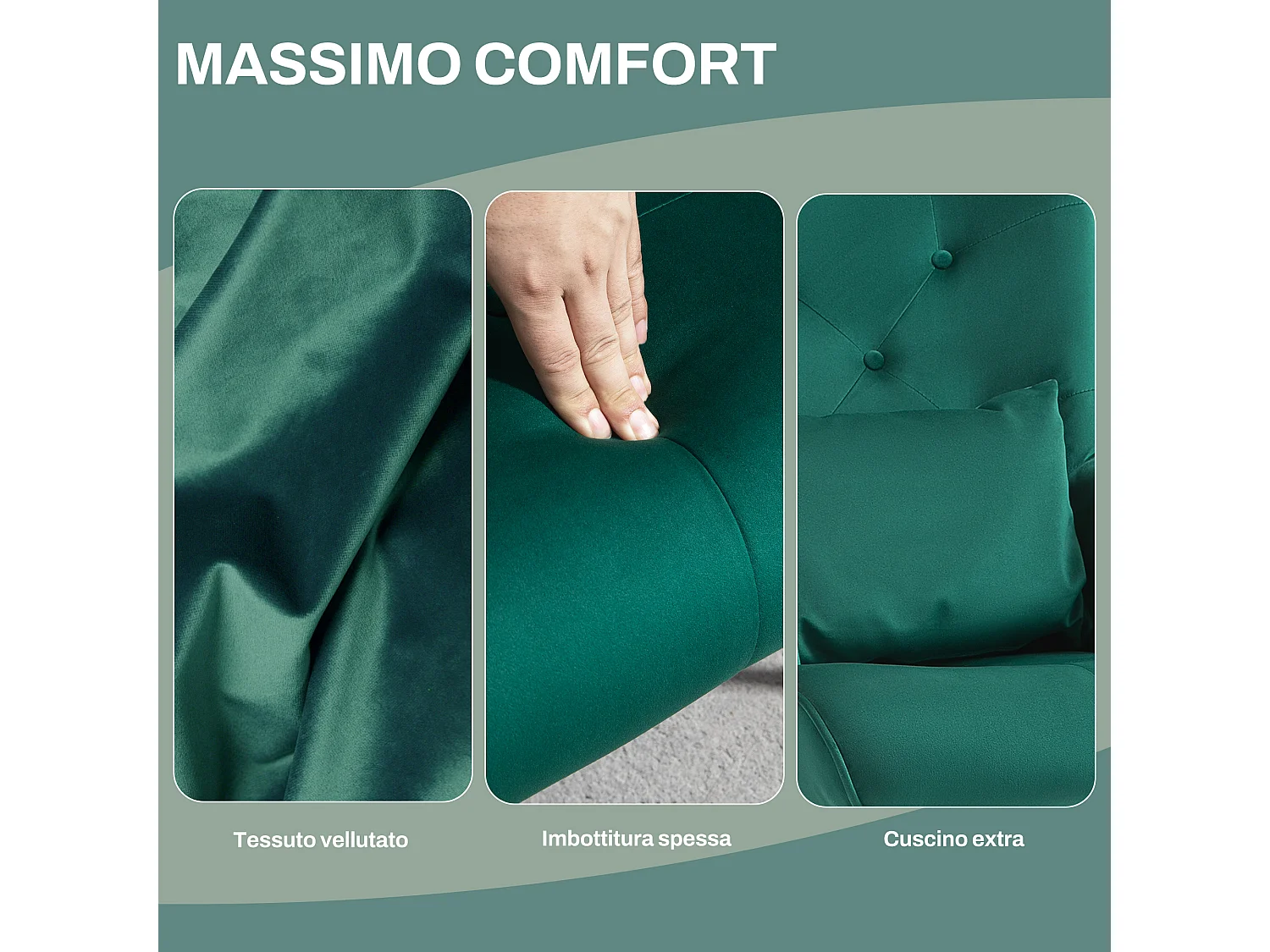 Poltrona a dondolo con schienale alto e cuscino in velluto verde