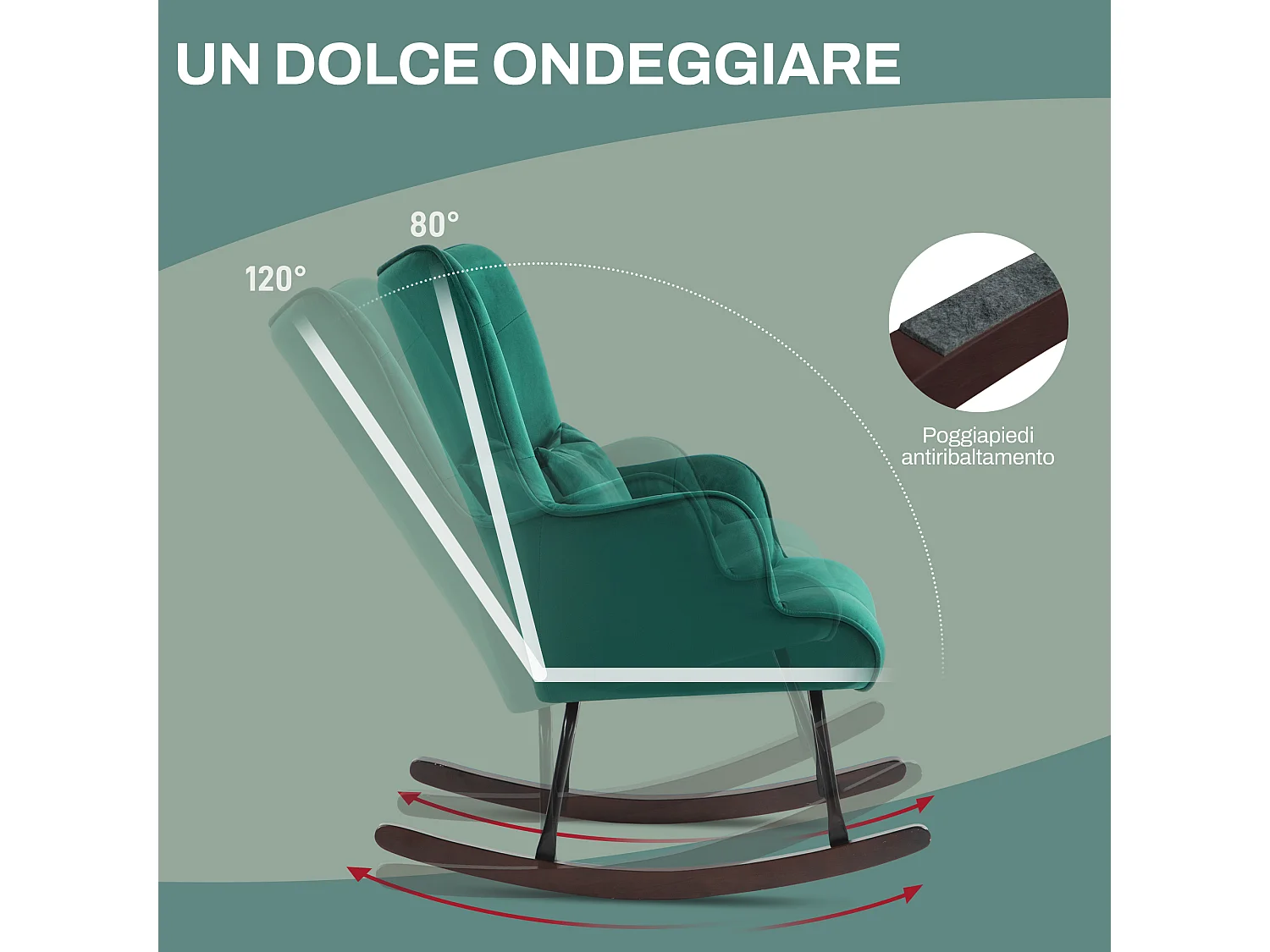 Poltrona a dondolo con schienale alto e cuscino in velluto verde