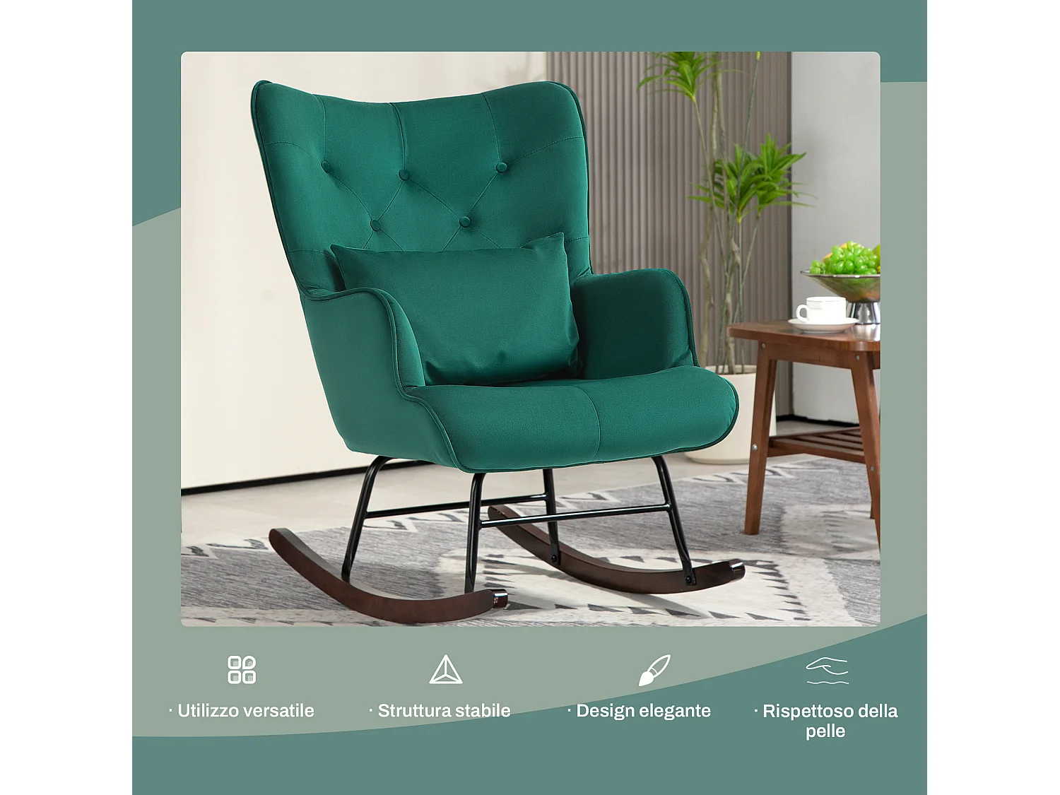Poltrona a dondolo con schienale alto e cuscino in velluto verde