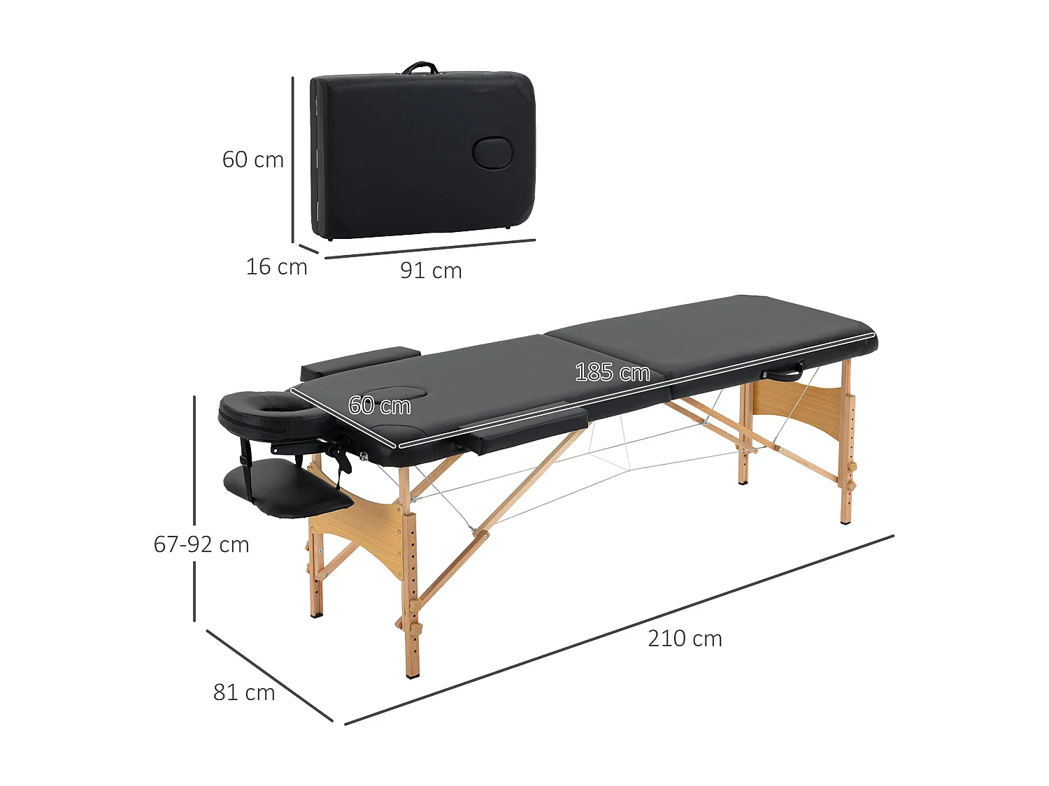 Lettino per massaggio pieghevole con altezza regolabile nero